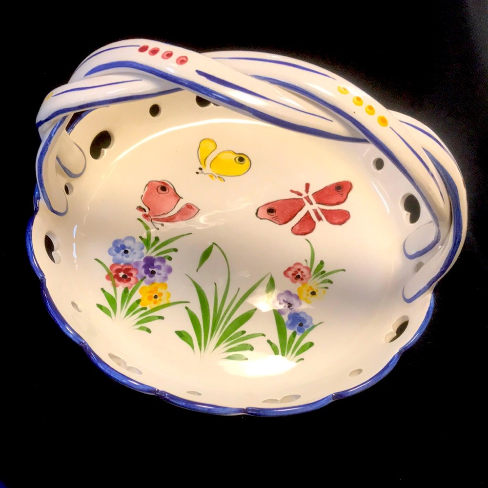 Handpainted in Portugal Round 9-1/4" Braided Handle‎ Basket Serving Tray Dish